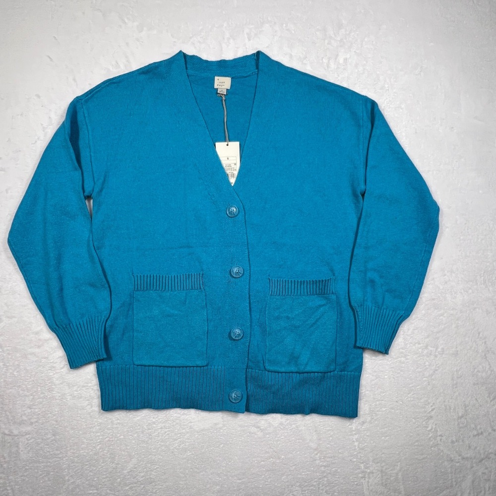 A New Day Womens Blue V-Neck Button Front Cardigan Sweater Pockets S NEW